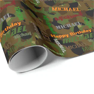 Camo Custom NAME Happy Birthday Gift Wrapping Paper