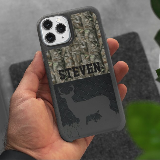 Camo Deer Hunting Personalized Buck Antlers iPhone 15 Case (Deer hunting custom camouflage phone case)