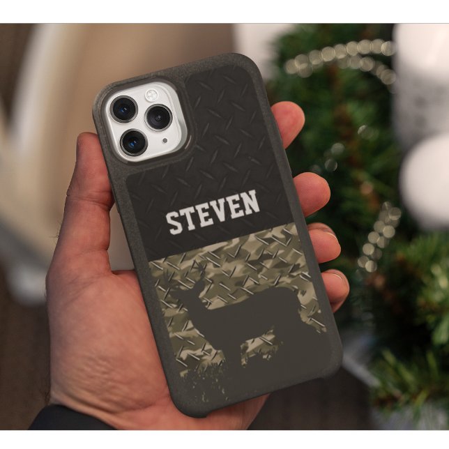 Camo Deer Hunting Personalized Buck Antlers iPhone 15 Case (Deer hunting custom camouflage phone case)