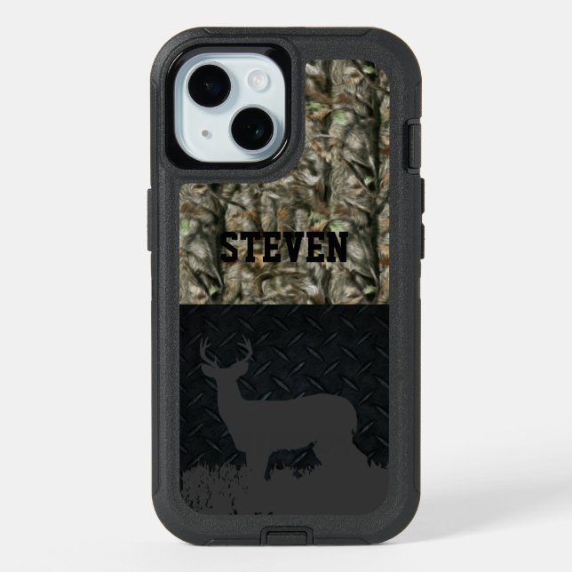 Camo Deer Hunting Personalized Name Men's iPhone 15 Case (Back)