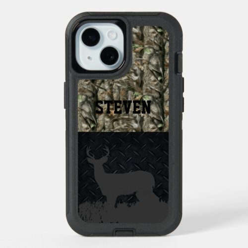 Camo Deer Hunting Personalized Name Mens iPhone 15 Case