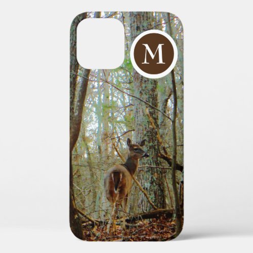 Camo Deer in the mist with monogram on brown iPhone 12 Case
