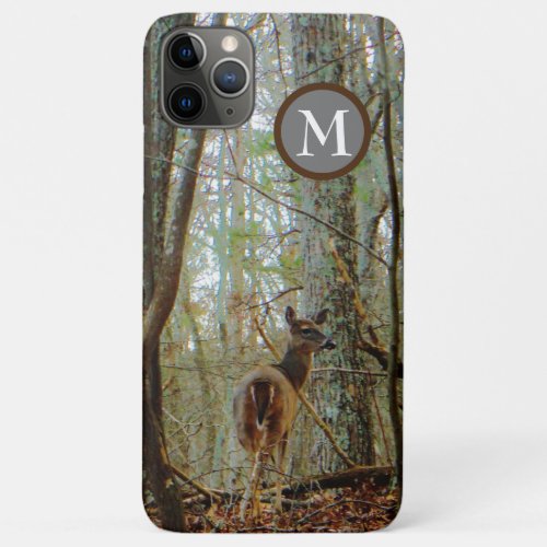 Camo Deer in the mist with monogram on brown iPhone 11 Pro Max Case