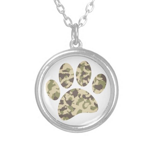 Camo Dog Paw Print Silver Plated Necklace