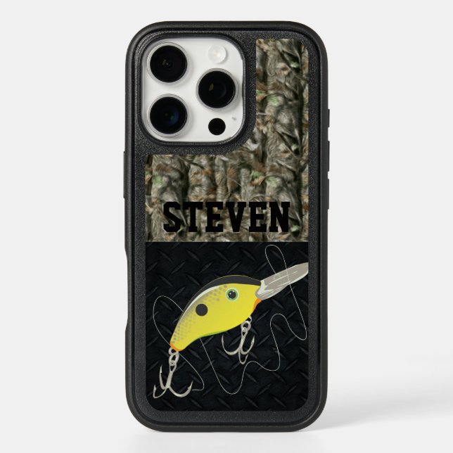 Camo Fish Bass Fishing Personalized Name Crankbait Otterbox iPhone Case (Back)
