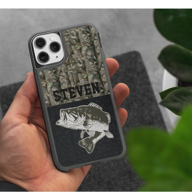Camo Fish Bass Fishing Personalized Name iPhone 15 Case (Creator Uploaded)