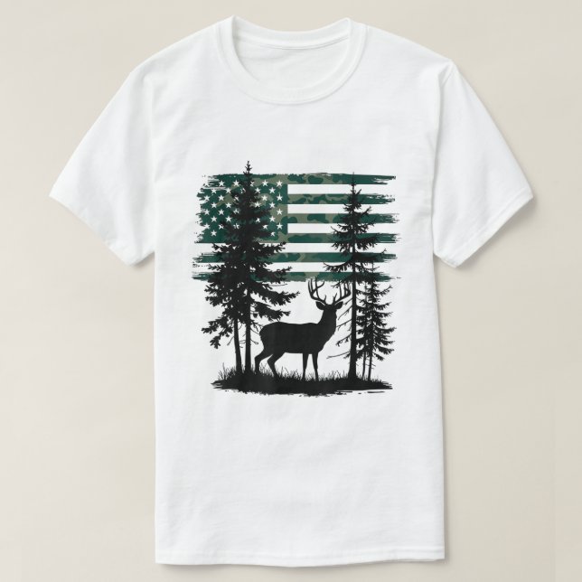 Camo Flag Deer Hunting Forest Silhouette Tee (Design Front)