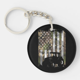 Camo Flag Tractor Vintage Farm Truck Patriotic Far Keychain
