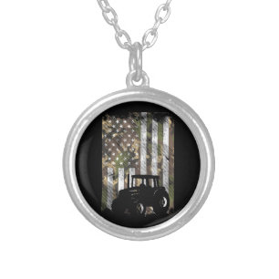 Camo Flag Tractor Vintage Farm Truck Patriotic Far Silver Plated Necklace