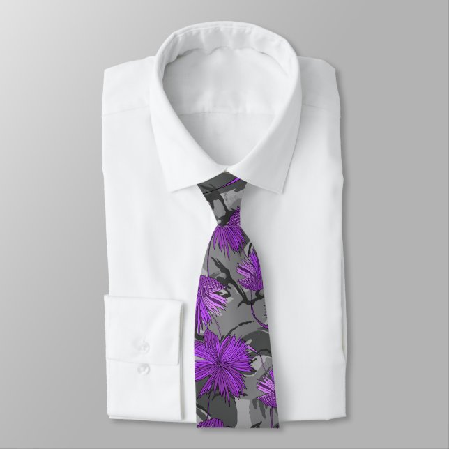 Camo Flowers Floral Gray Two-sided Printed Tie (Tied)