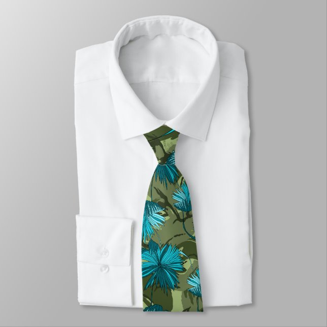 Camo Flowers Floral Olive Two-sided Printed Tie (Tied)