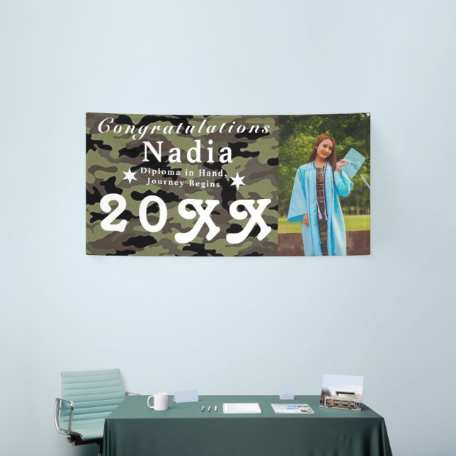 Camo Graduation Banner - Personalized Photo & Name (Tradeshow)