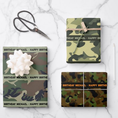 Camo Happy Birthday Personalize Name  Text 3 Wrapping Paper Sheets