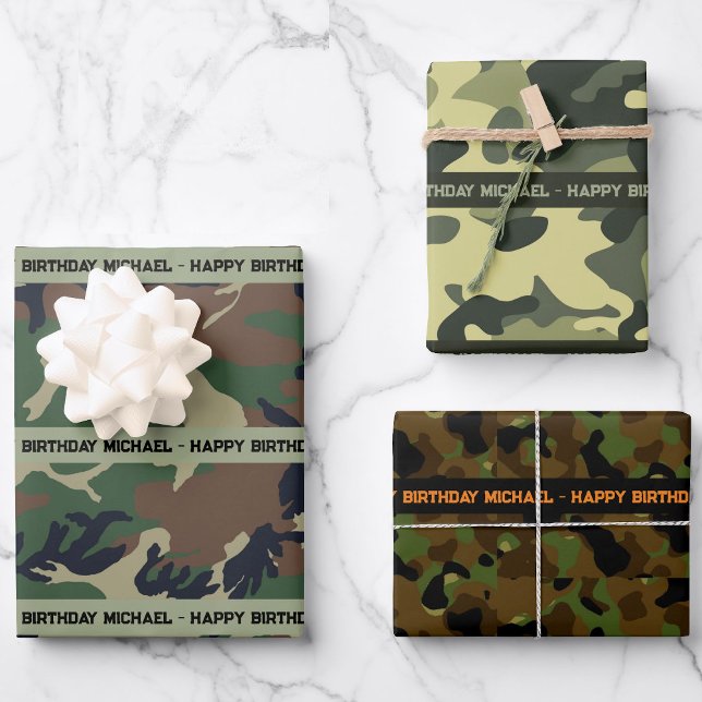 Camo Happy Birthday Personalize Name & Text 3 Wrapping Paper Sheets (Creator Uploaded)