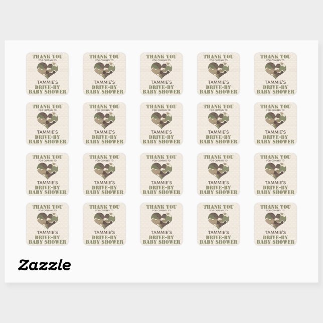 Camo Heart Drive By Baby Shower Thank You Square Sticker (Sheet)
