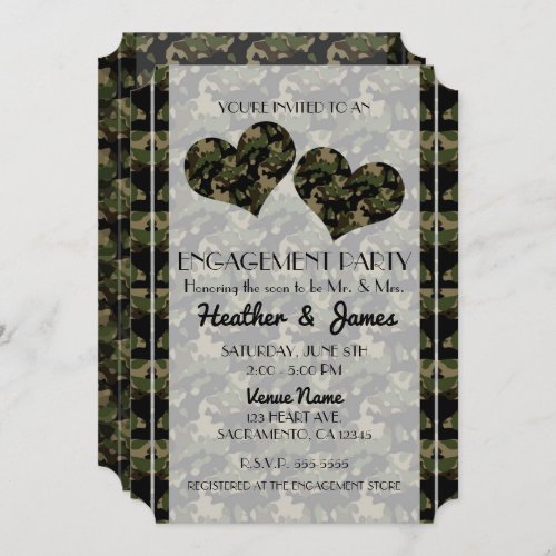 Camo Hearts Camouflage Engagement Shower Party Invitation