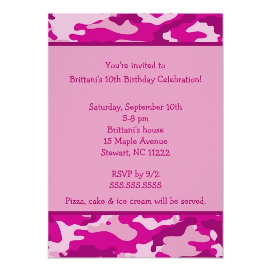 Pink Camo Birthday Party Invitations 6