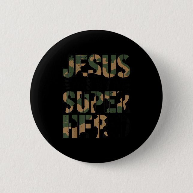 Camo Jesus Is My Superhero Toddler Boys Camouflage Button (Front)