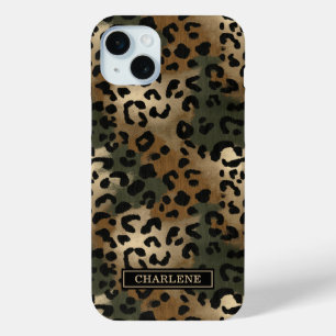 Camo Leopard Print Monogrammed iPhone 15 Plus Case