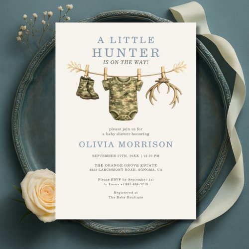 Camo Little Hunter Clothesline Boy Baby Shower Invitation