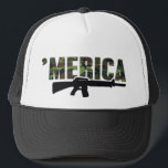 Camo 'MERICA Rifle Hat<br><div class="desc">It's the very cool, patriotic, camouflage 'MERICA hat, featuring a rifle below the word in black. A classic trucker hat for pro gun people, hunters, or anyone! Choose from many hat colors, and grab yours today.</div>