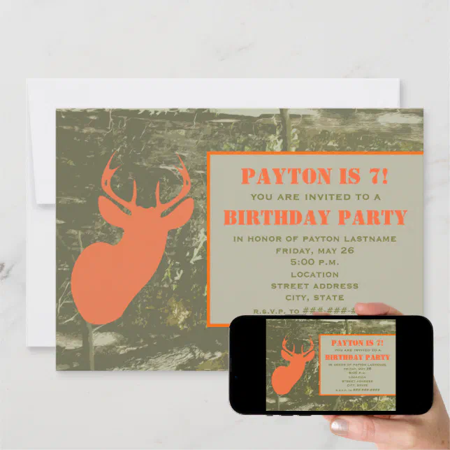 Camo & Orange Deer Head Birthday Party Invite | Zazzle