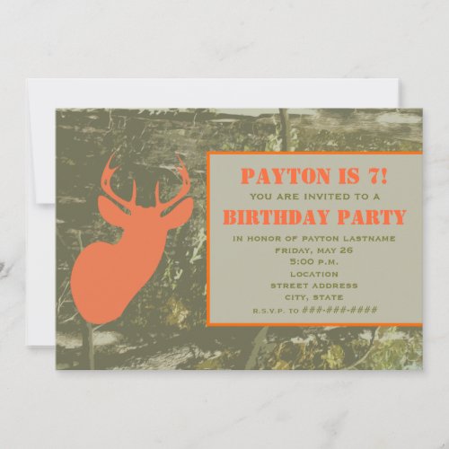 Camo  Orange Deer Head Birthday Party Invite