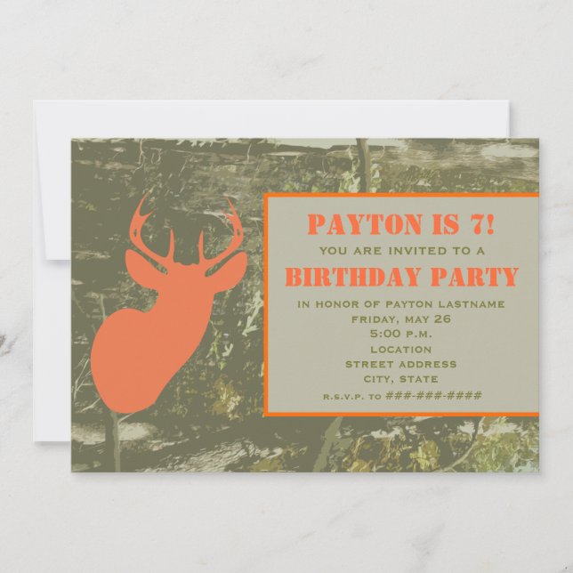 Camo & Orange Deer Head Birthday Party Invite (Front)