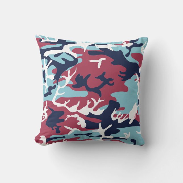 Camo Pattern - Burgundy Navy Blue White Outdoor Pillow (Front)