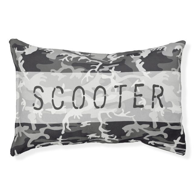 Camo Pattern Custom Name Black & White Hunting Pet Bed (Front)