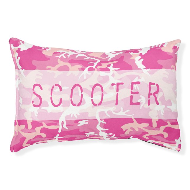 Camo Pattern Custom Name Hot Pink Hunting Pet Bed (Front)