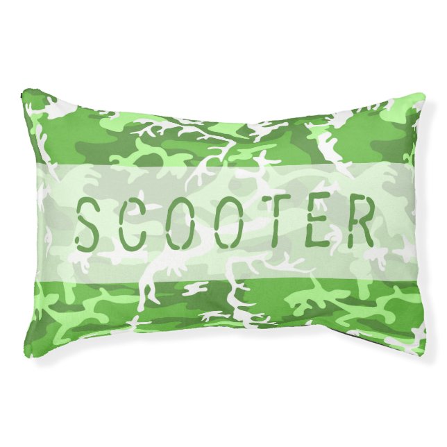 Camo Pattern Custom Name Lime Green Hunting Pet Bed (Front)
