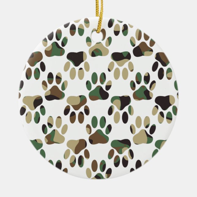 Camo Pattern Dog Paw Print Ceramic Ornament (Front)
