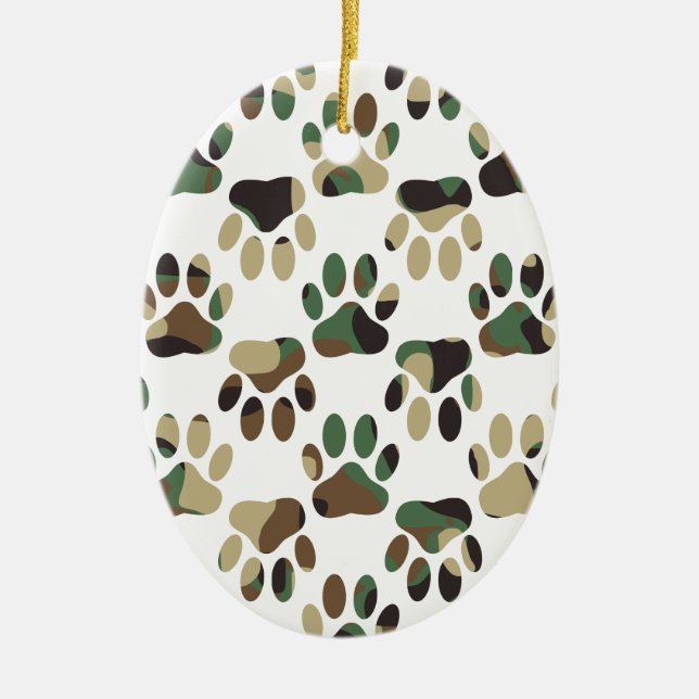 Camo Pattern Dog Paw Print Ceramic Ornament (Front)