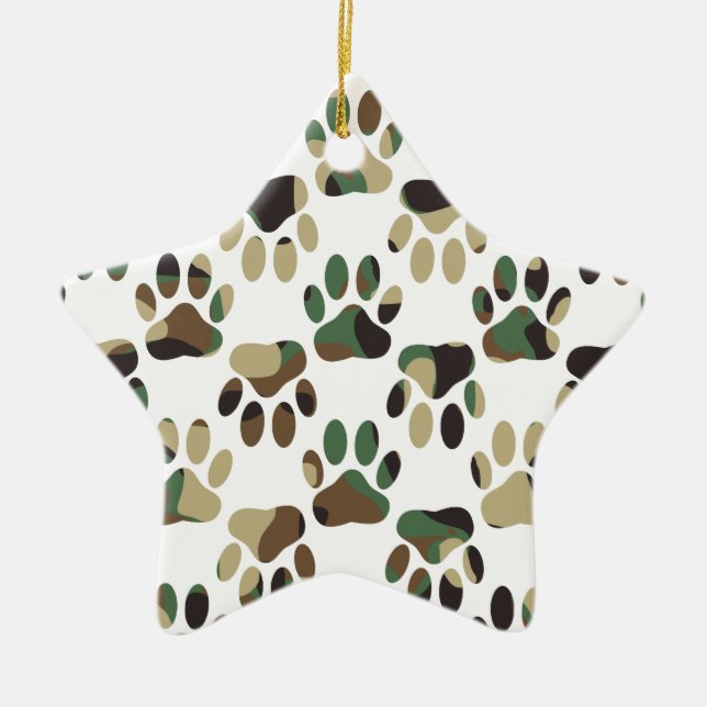 Camo Pattern Dog Paw Print Ceramic Ornament (Front)