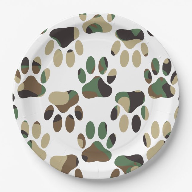 Camo Pattern Dog Paw Print Paper Plates (Front)