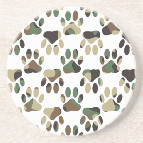 Camo Pattern Dog Paw Print Sandstone Coaster