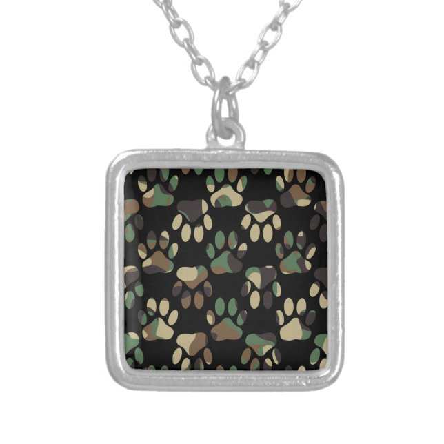 Camo Pattern Dog Paw Print Silver Plated Necklace (Front)
