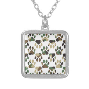 Camo Pattern Dog Paw Print Silver Plated Necklace