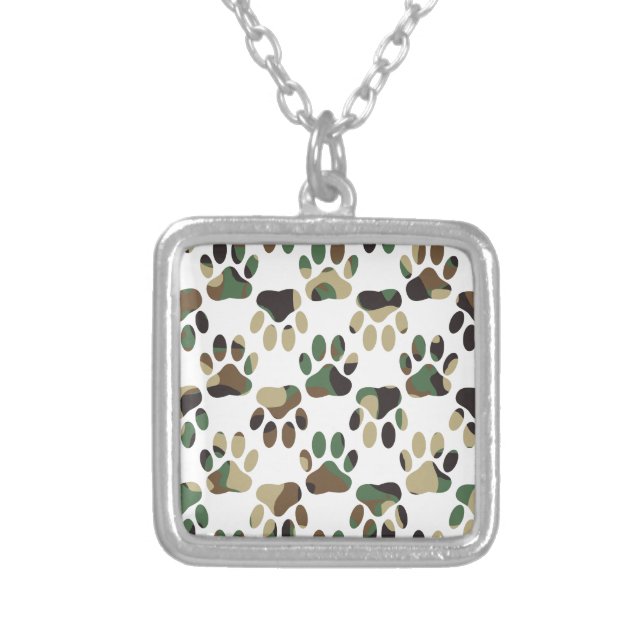 Camo Pattern Dog Paw Print Silver Plated Necklace (Front)