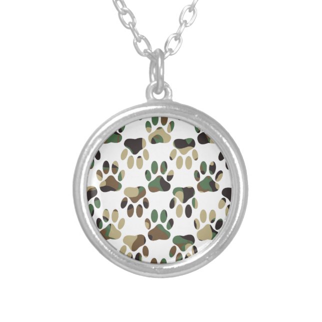 Camo Pattern Dog Paw Print Silver Plated Necklace (Front)