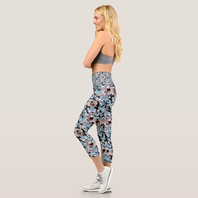 Camo Pattern - Grayish Red White Blue Black Capri Leggings (Left)