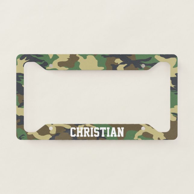 Camo Pattern Green And Brown Themed Personalized License Plate Frame (Front)
