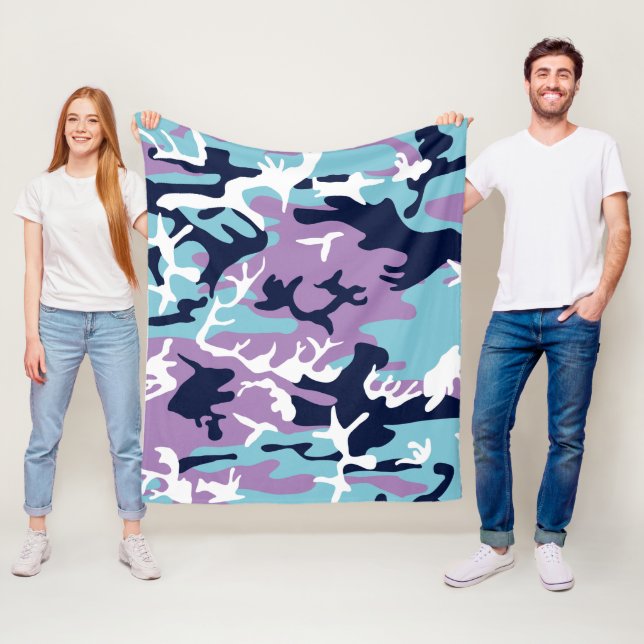 Camo Pattern - Purple Navy Blue White Fleece Blanket (In Situ)