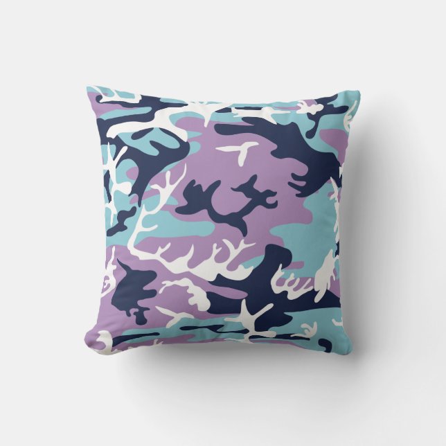 Camo Pattern - Purple Navy Blue White Outdoor Pillow (Front)