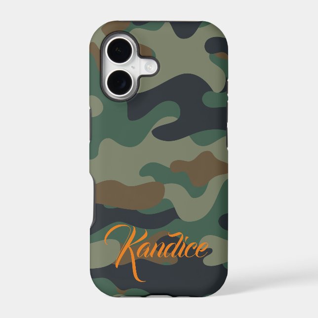 Camo Pattern with Orange Monogram Iphone Case (Back)