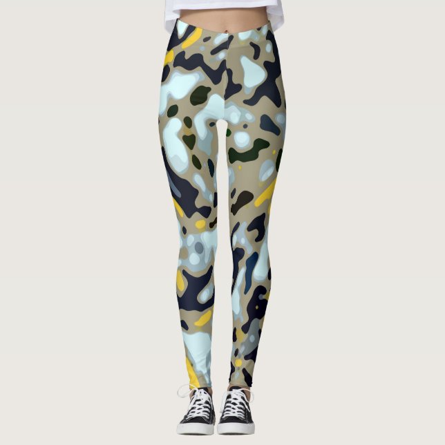 Camo Pattern - Yellow White Beige Blue Black Leggings (Front)