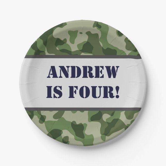 Camo Personalized Army Military Birthday Paper Plates (Front)