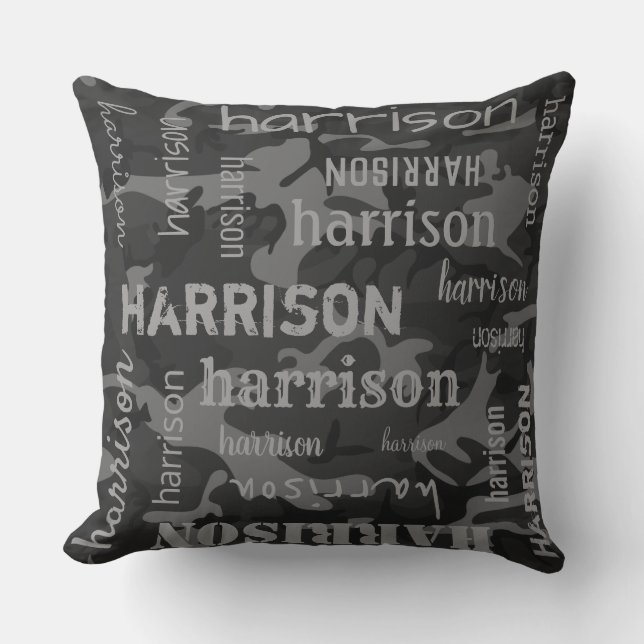 Camo Personalized Longer Name Charcoal Gray Throw Pillow (Front)