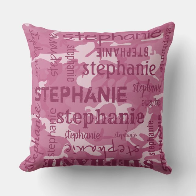 Camo Personalized Longer Name Pink Throw Pillow (Front)